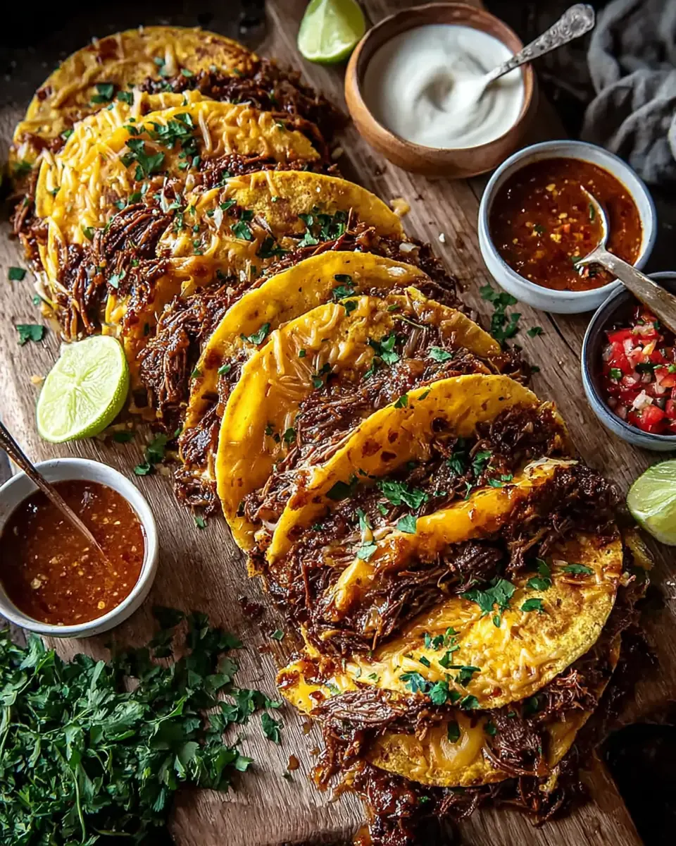 A delicious plate of Cowboy Butter Smashed Beef Tortilla Melts with Spicy Dipping Sauce