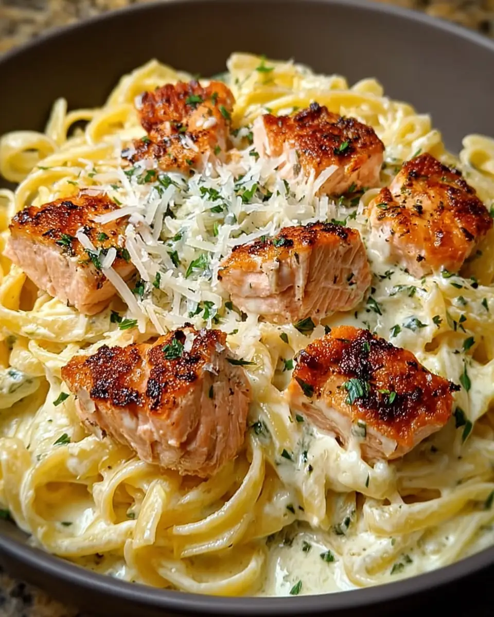 A delicious plate of Creamy Air-Fried Salmon Pasta