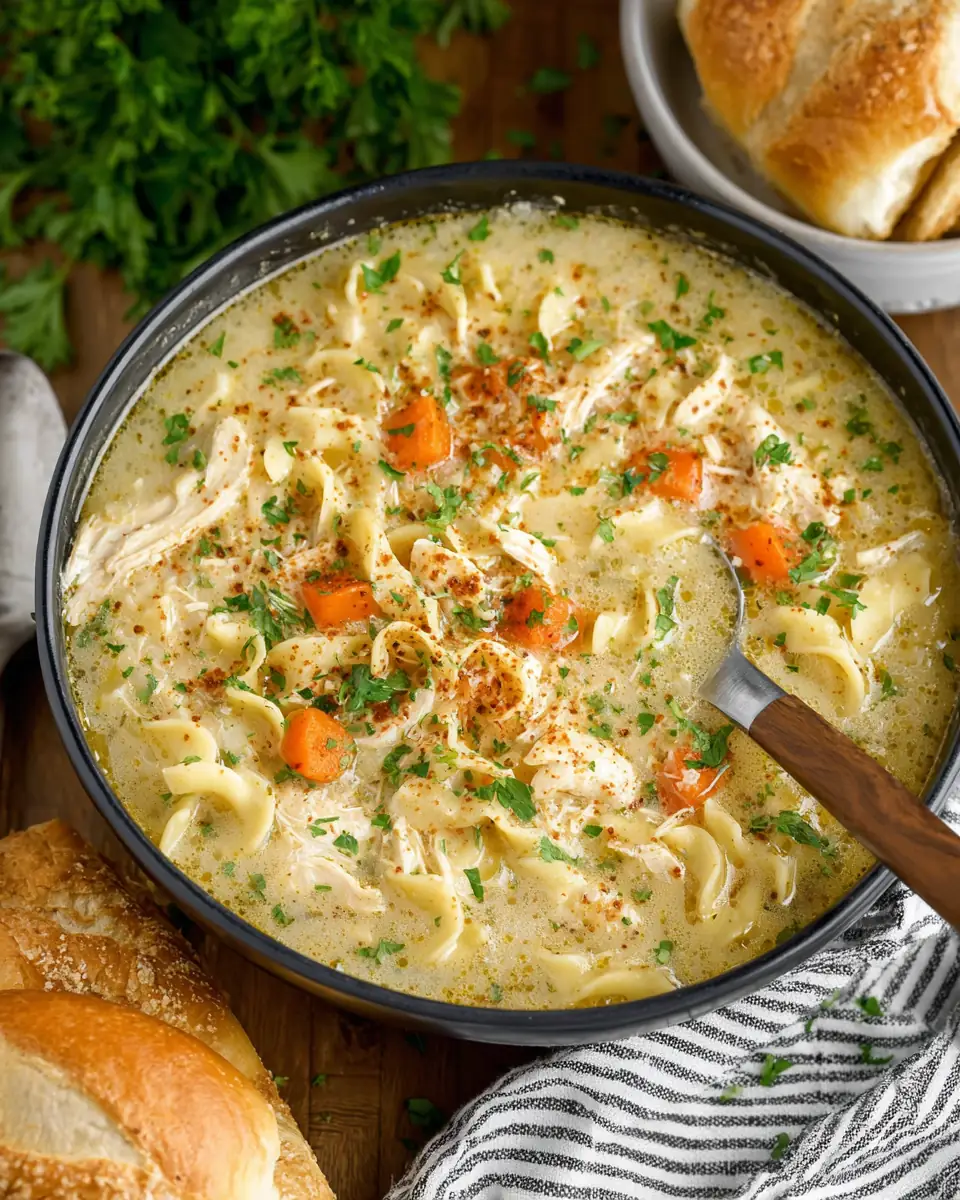 A delicious plate of Crockpot Creamy Chicken Noodle Soup