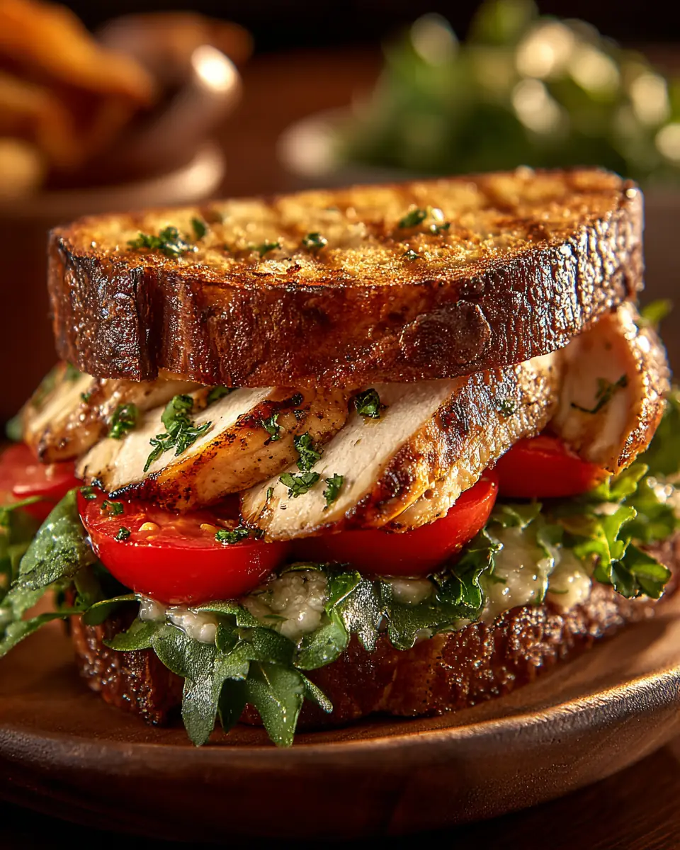 A delicious plate of Garlic Butter, Lettuce, Tomato & Grilled Chicken Sandwich