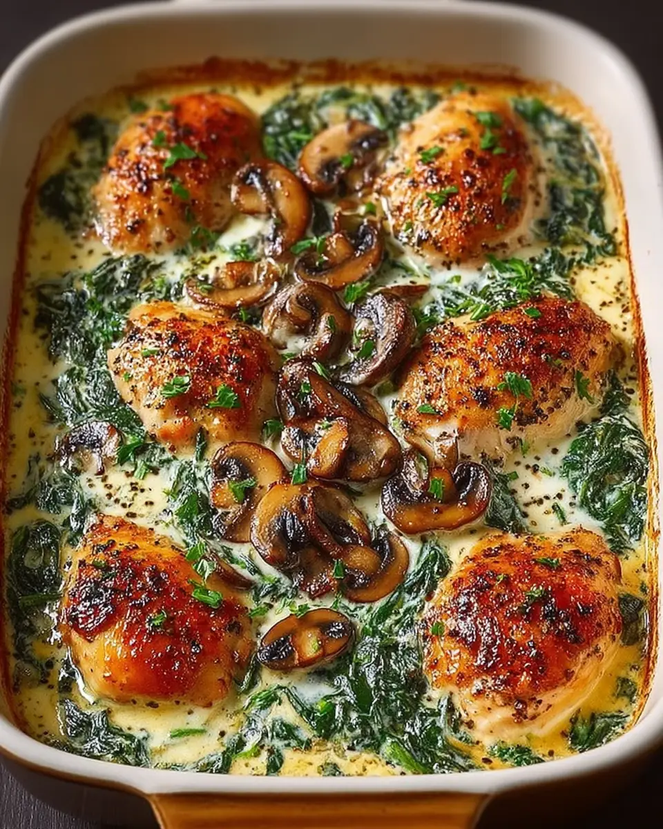 A delicious plate of Low Carb Creamy Chicken, Spinach & Mushroom Bake
