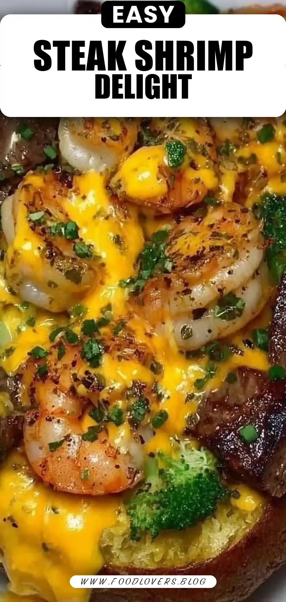 Steak & Shrimp Over a Cheesy Jumbo