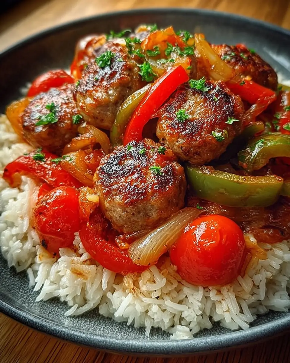 A delicious plate of Sausage, Onion, Bell Peppers & Tomatoes Over Rice