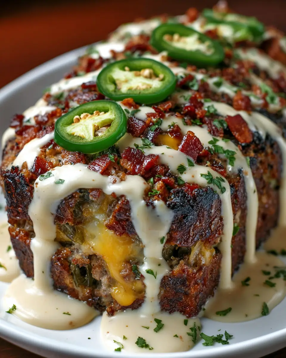 A delicious plate of Smoky Jalapeño Popper Meatloaf with Ranch Drizzle
