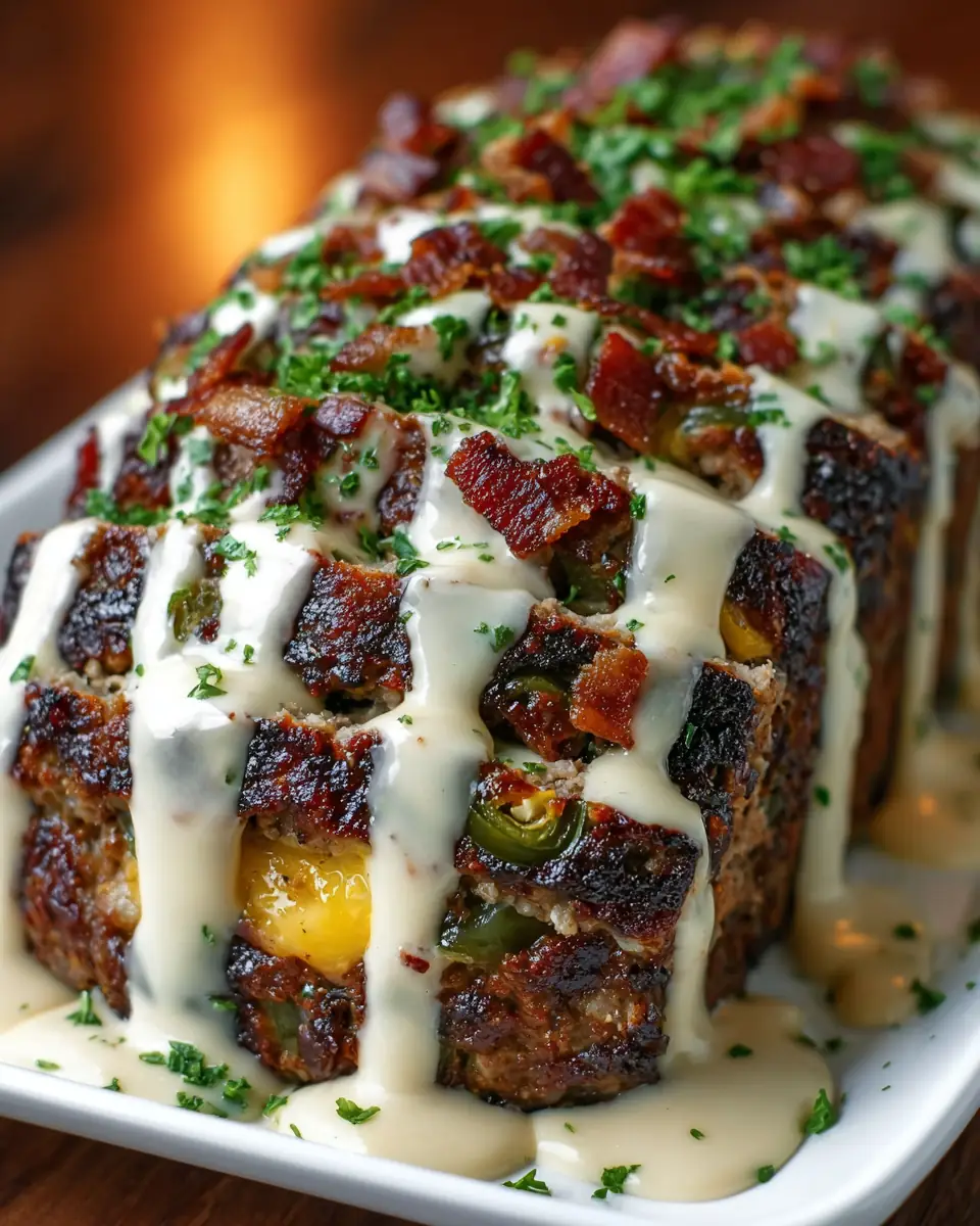 A delicious plate of Smoky Jalapeño Popper Meatloaf with Ranch Drizzle