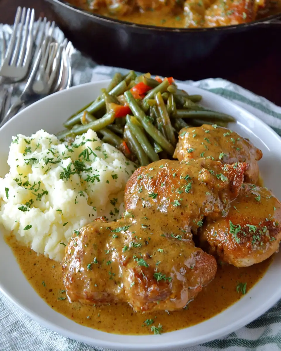 A delicious plate of Smothered Chicken with Peppers & Onion Gravy