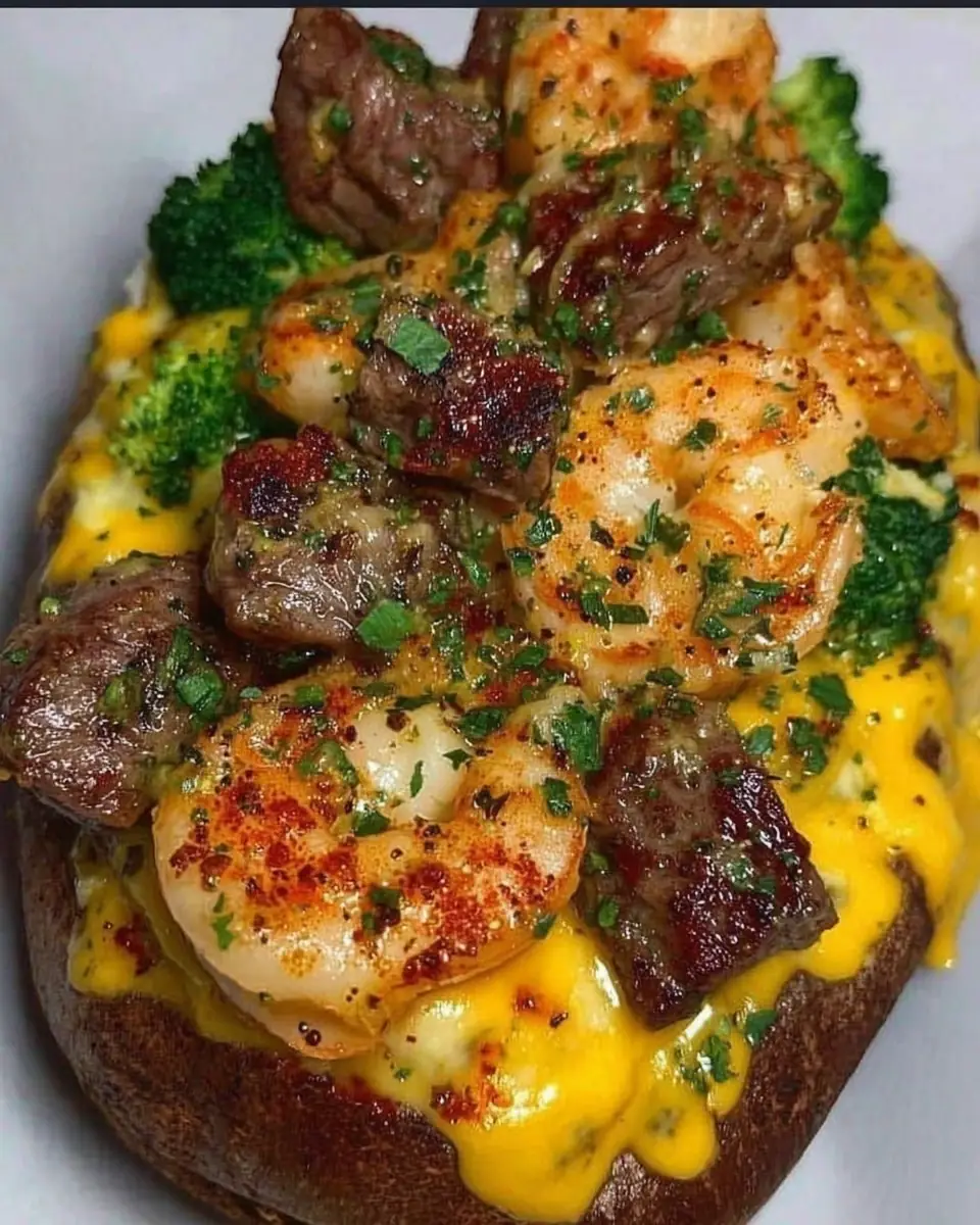 A delicious plate of Steak & Shrimp Over a Cheesy Jumbo