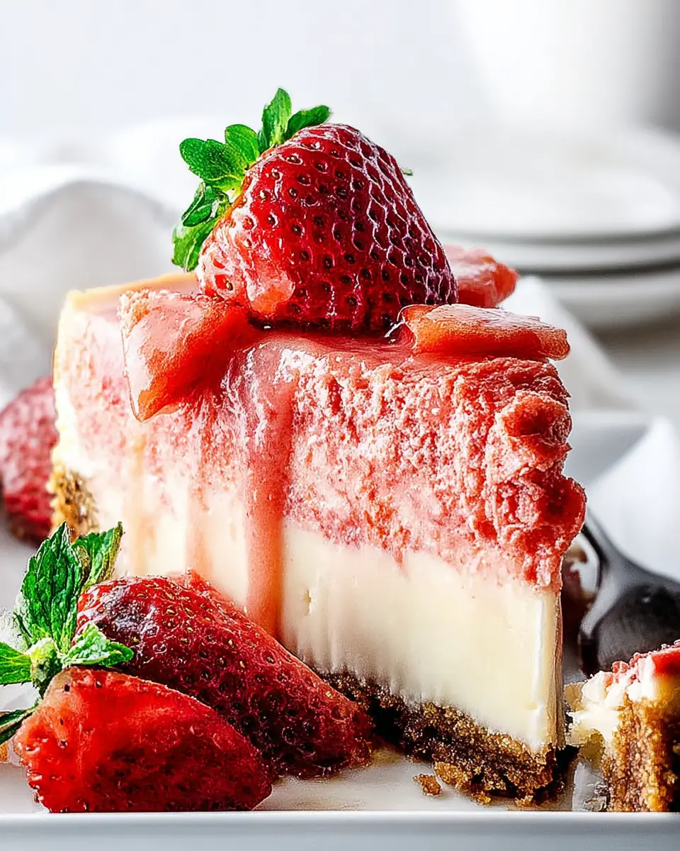 A delicious plate of White Chocolate Strawberry Cheesecake