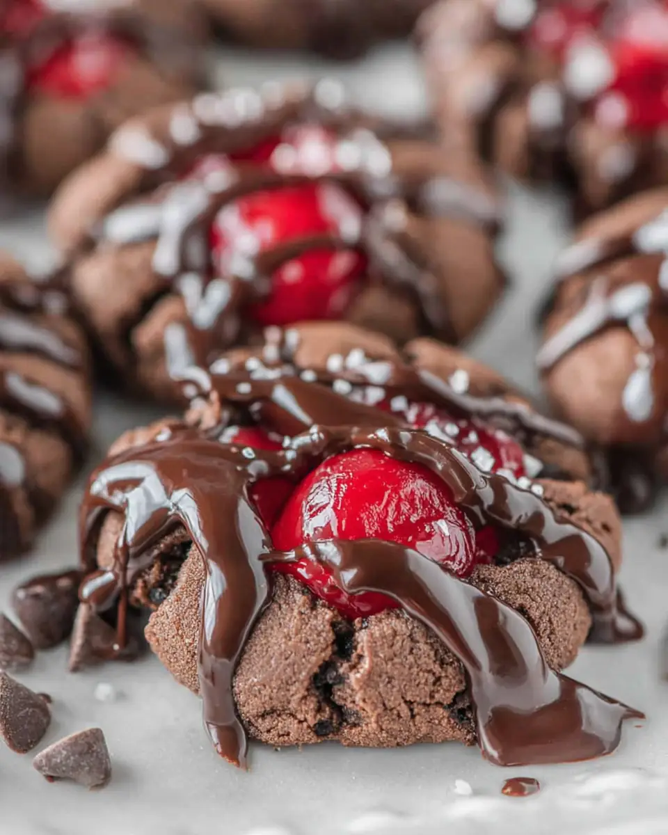 A delicious plate of Chocolate Cherry Thumbprint Cookies