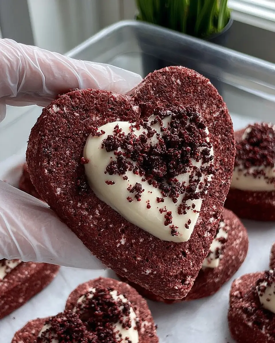 A delicious plate of Heart Shaped Red Velvet Frosted Cookies