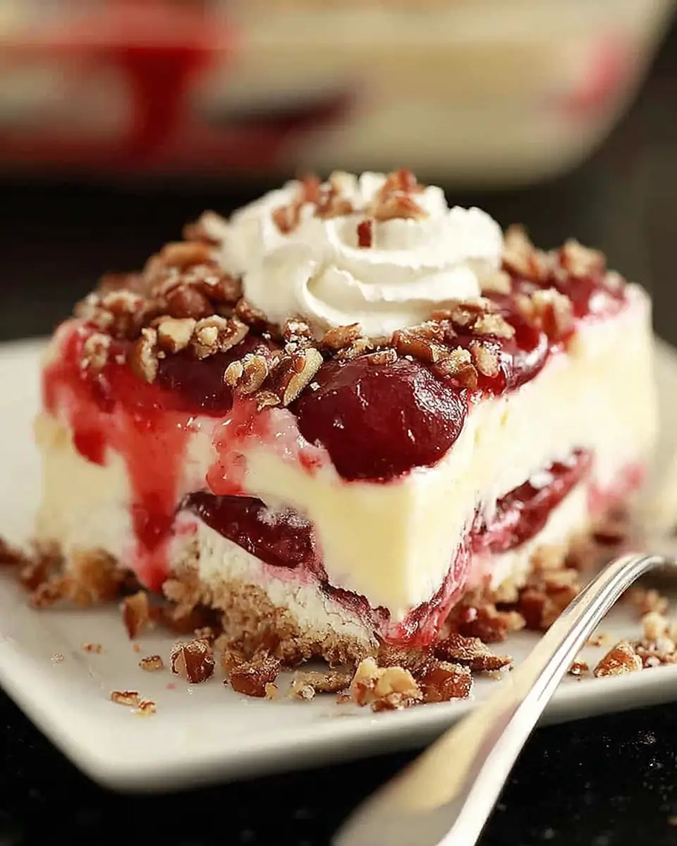A delicious plate of Layered Cherry Cheesecake Lush Dessert Recipe