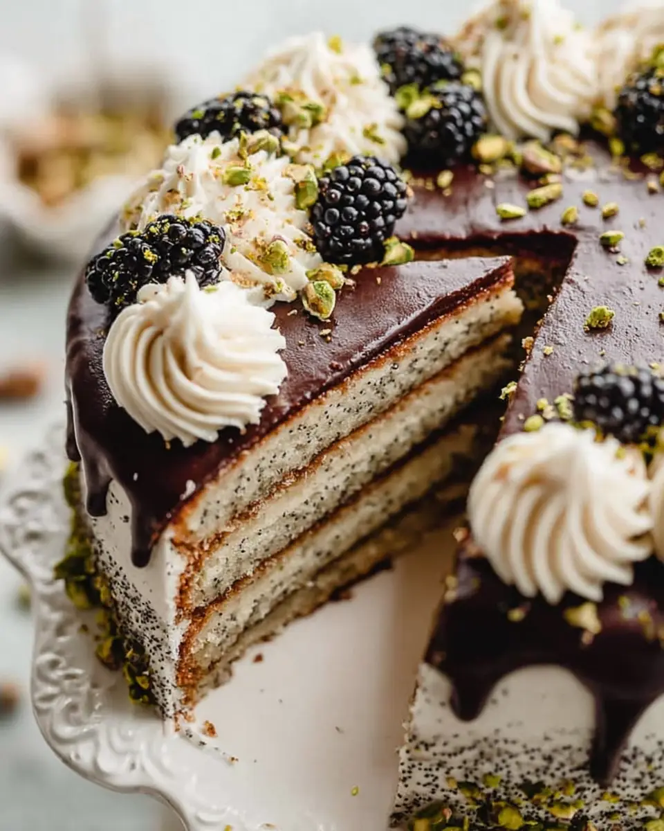 A delicious plate of Poppy Seed Cake with Chocolate Ganache
