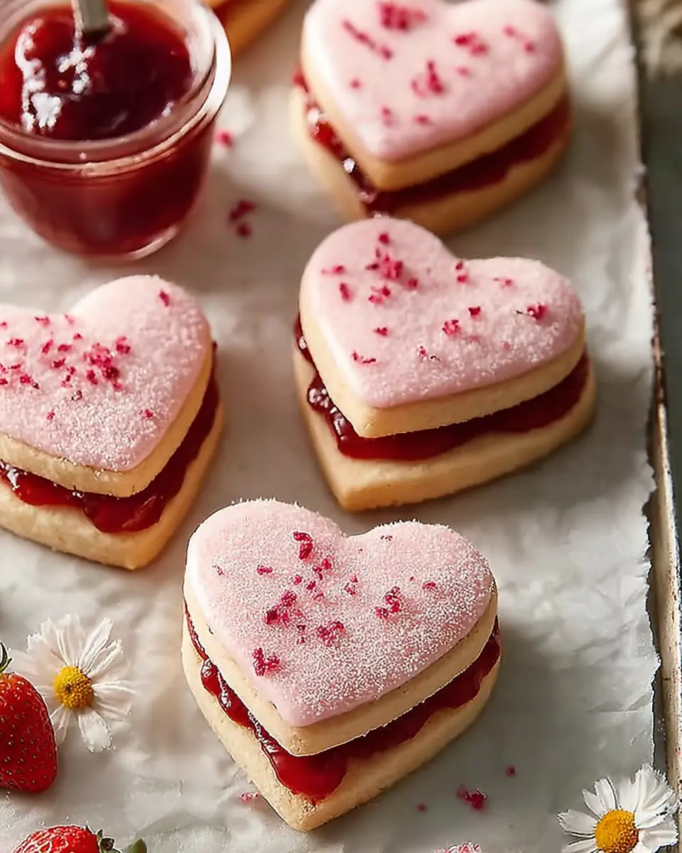 A delicious plate of Filled Heart-Shaped Strawberry Shortbread Cookies