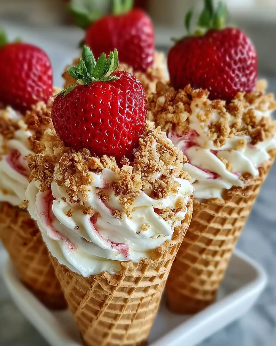 A delicious plate of STRAWBERRY CRUNCH CHEESECAKE CONES