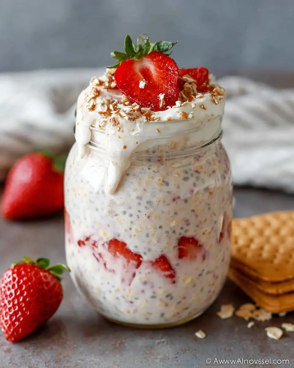 A delicious plate of Strawberry Cheesecake Overnight Oats